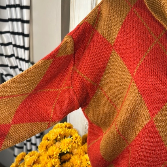 Cider Red and Gold Argyle 1/4  Front Zip Long Sleeve Sweater Preppy Academia - Picture 3 of 10